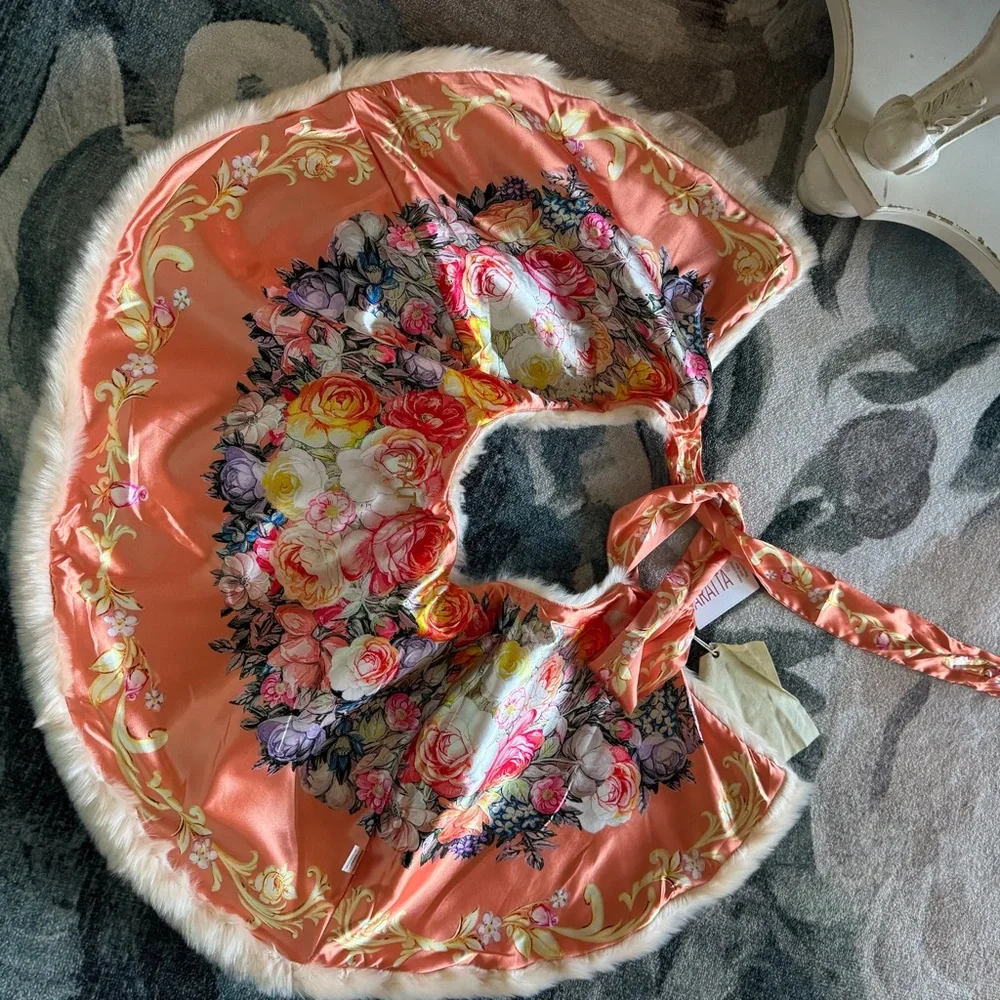 Aratta Floral Faux Fur Capelet with Pink and Cream Accents - Picture 2 of 5